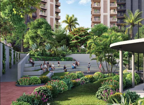 Landscaped amphitheatre and shaded seating at Ashiana Aaroham