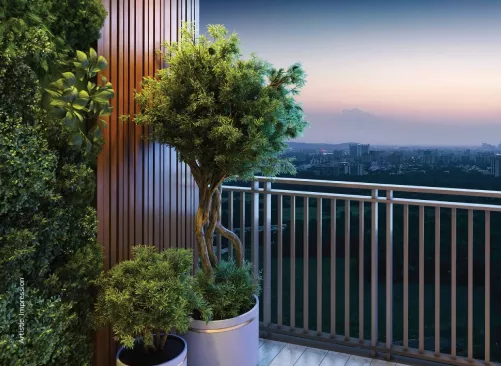 Private balcony with skyline view at Ashiana Aaroham