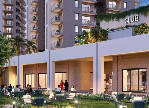 Clubhouse exterior and outdoor seating at Ashiana Aaroham