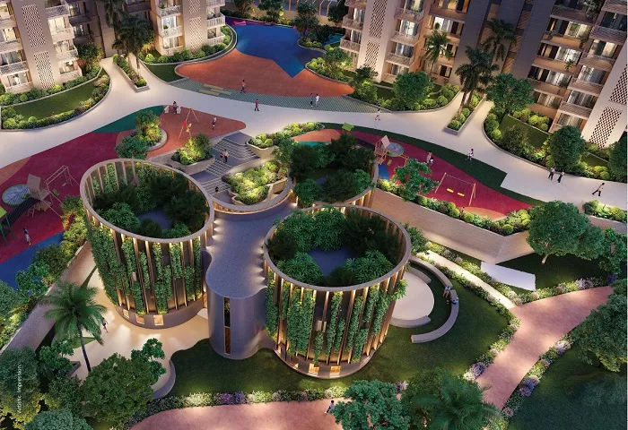 Aerial view of the Learning Hub pods and children's play area at Ashiana Aaroham