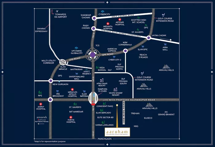 Location map of Ashiana Aaroham Sector 80 Manesar showing connectivity to NH-48, Dwarka Expressway and Golf Course Extension Road