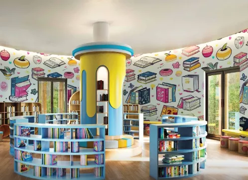 Reading Hub interior with curved bookshelves at Ashiana Aaroham Learning Hub