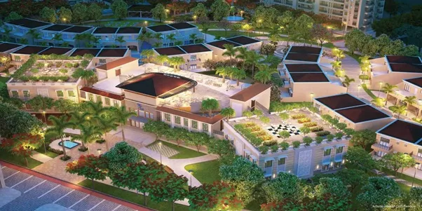 Aerial view of the clubhouse and landscaped amenities at Ashiana Advik Senior Living in Bhiwadi