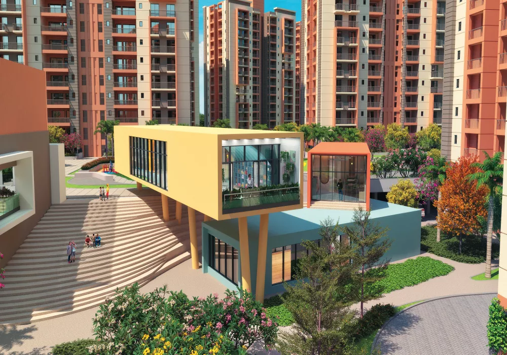 Modern clubhouse surrounded by landscaped gardens and residential apartment towers