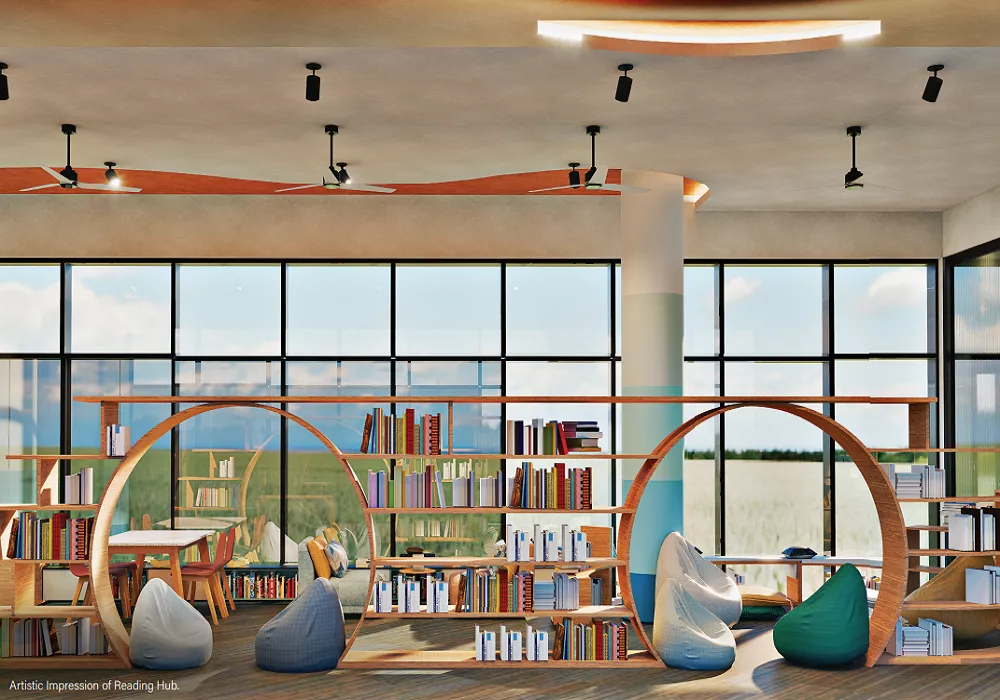 Modern reading lounge with bookshelves