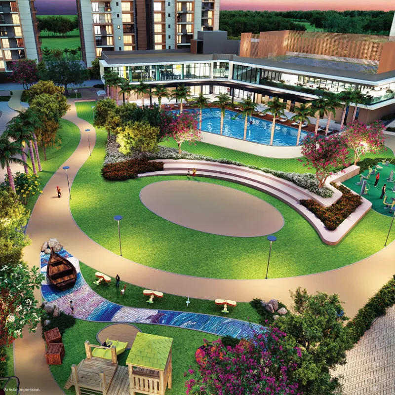 Ashiana Amarah clubhouse with swimming pool and landscaped central lawn