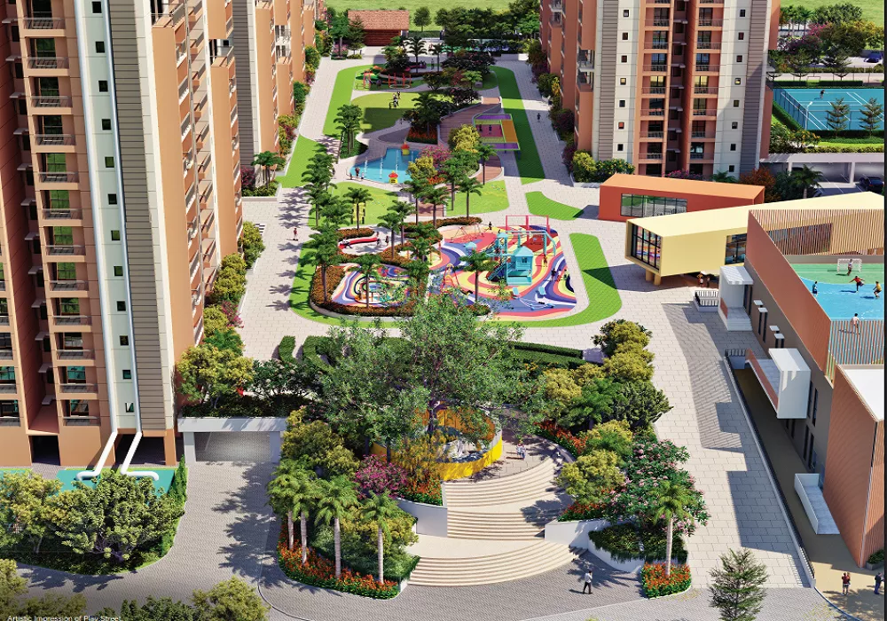 Landscaped central courtyard with children's play area and modern residential towers